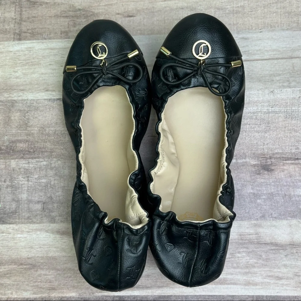 Juicy Couture Black Leather Logo Ballet Flats with Gold Accents size 7
